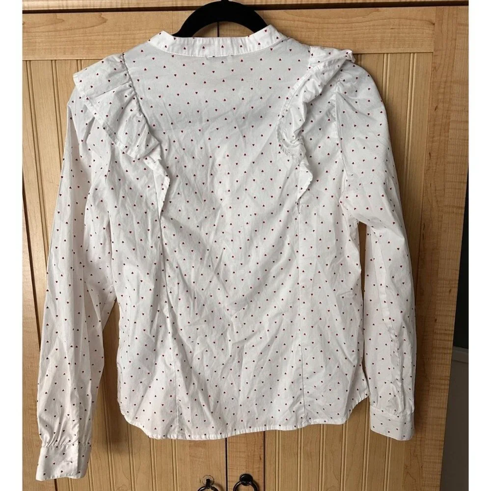 J. Crew WOMEN'S SIZE XS‎ Hearts Print Cotton Poplin Ruffle Top